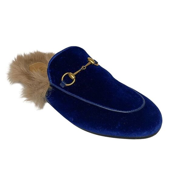 Gucci Princetown Fur Slipper EU 38 US 8 Blue Velvet Horsebit Mule Loafer Flats - Picture 1 of 10